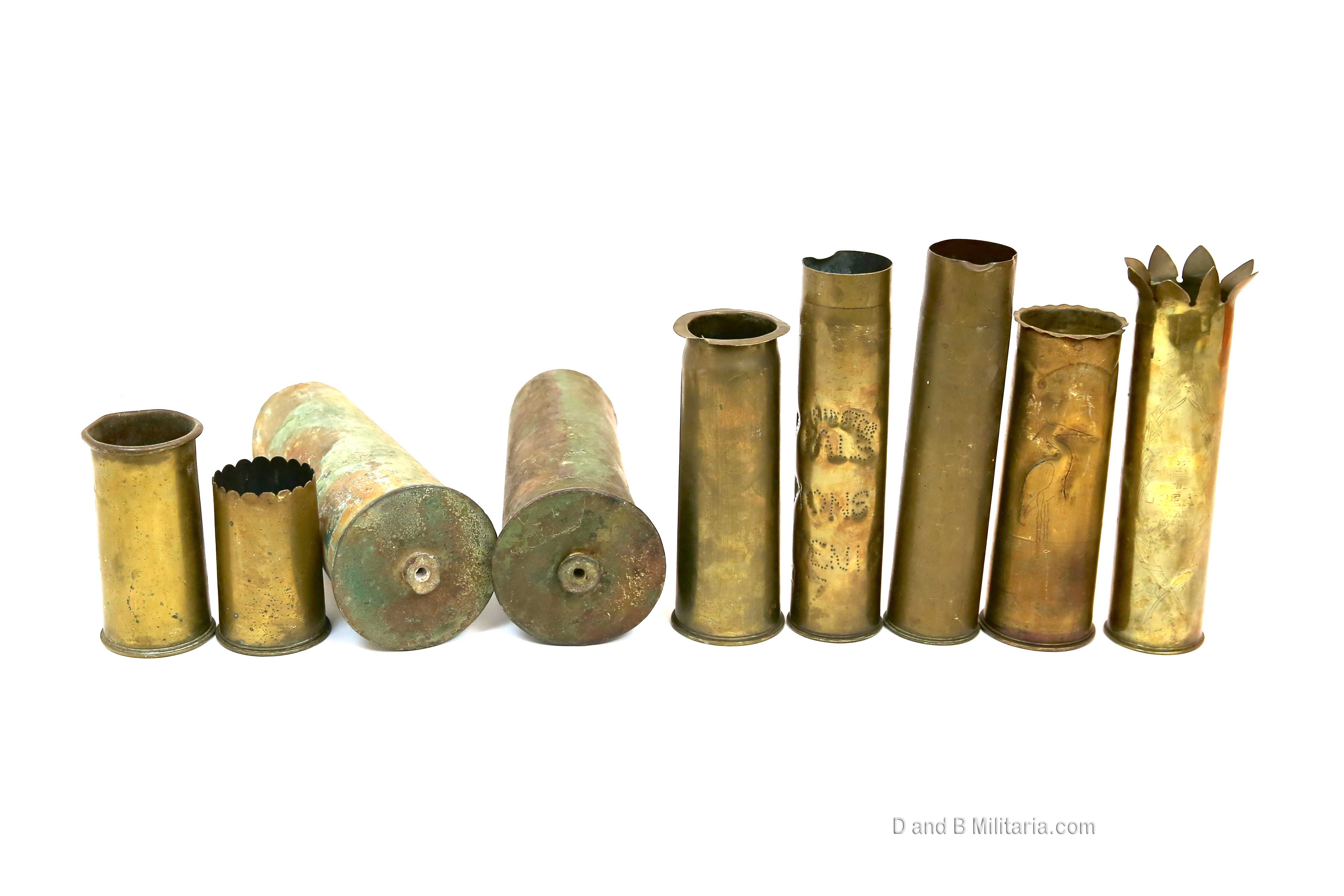 9 X WW1 trench art inert shell casings